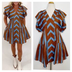 Entro Womens Striped Babydoll Dress Size M Blue Brown Western Boho Chic Flirty